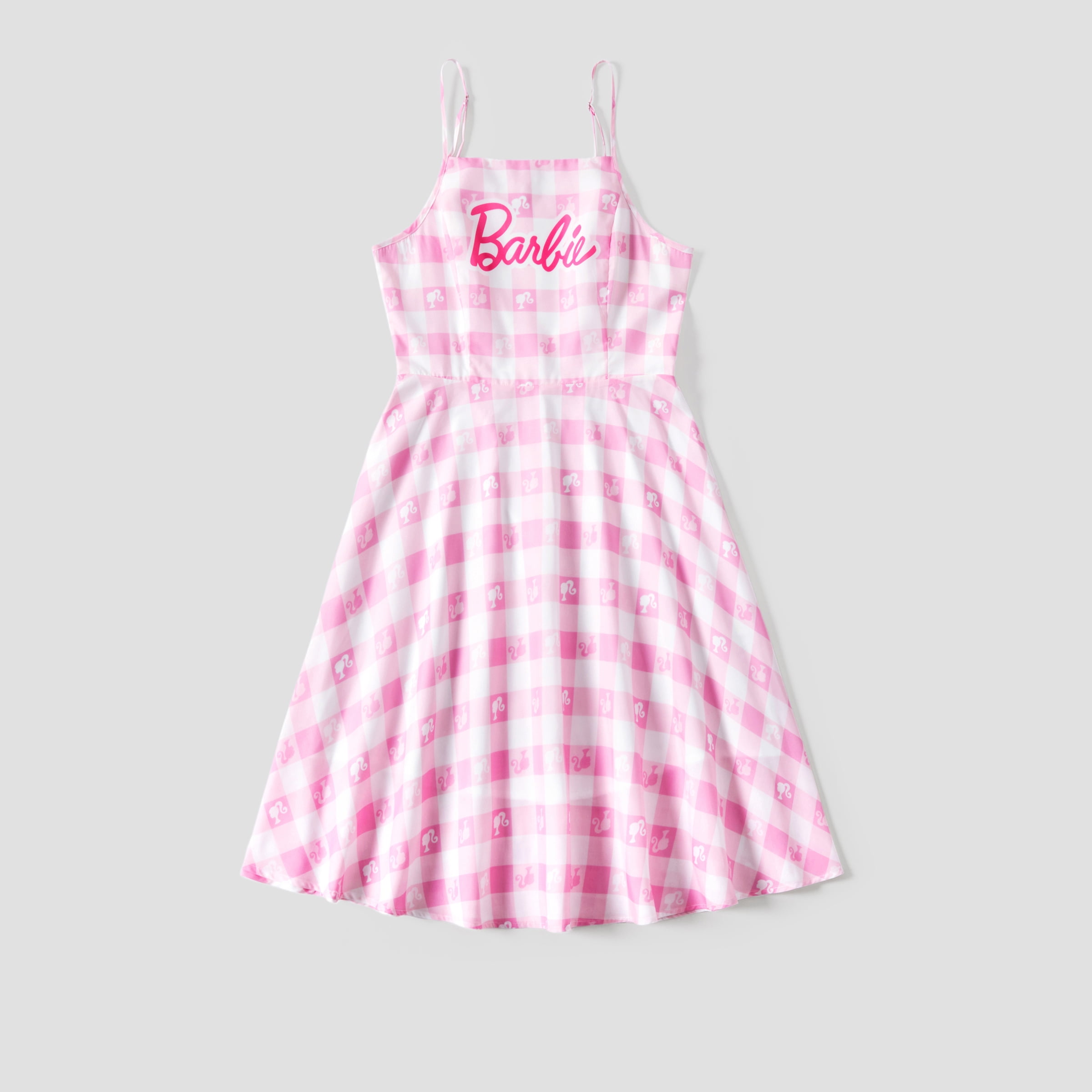 Barbie Womens Dresses Pink Plaid with Logo Print Spaghetti Strap A line Outfits Gifts Sizes S XXL Walmart