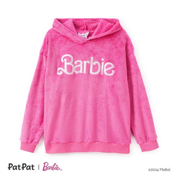 Barbie Womens Fleece Hoodie Pink Pullover Letter Print Fluffy Family Matching Sweatshirts Sizes S-XL
