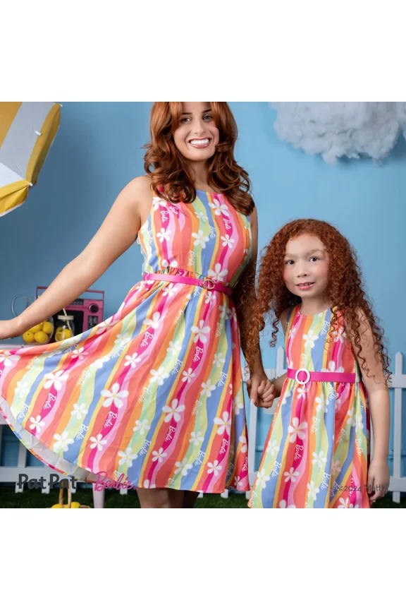 Womens Rainbow Creative Stripe Print Graphic Belt Dress Sizes S-XXL