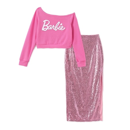 Barbie Womens Skirt Set Long Sleeves Slanted collar Sweatshirt with Sequins Midi Length High Waisted Slit Skirt 2 Pieces Outfit Set Sizes S-XL