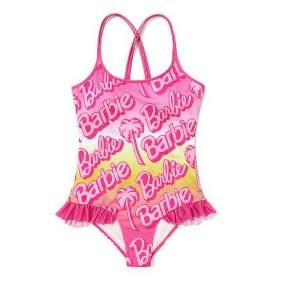 Barbie Womens Tankinis Pink Gradient Letter Print Beach Ruffled Strap One Piece Swimsuit Sizes S-XXL