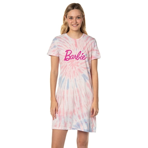 Barbie Womens' Title Logo Tie-Dye Nightgown Sleep Pajama Shirt For Adults