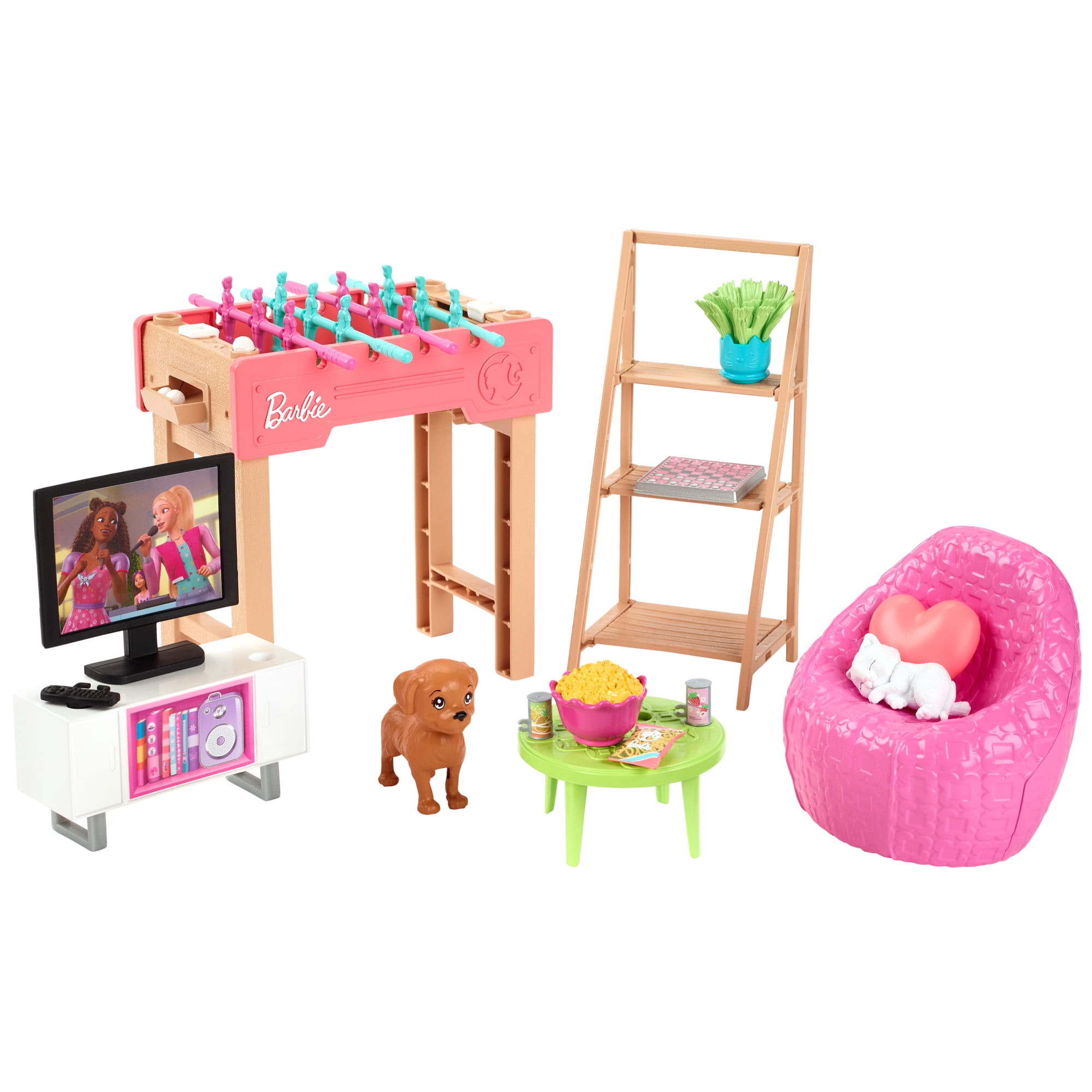 Barbie World Game Room Set with 19 Dollhouse Accessories Including Furniture Foosball Table Pets Walmart