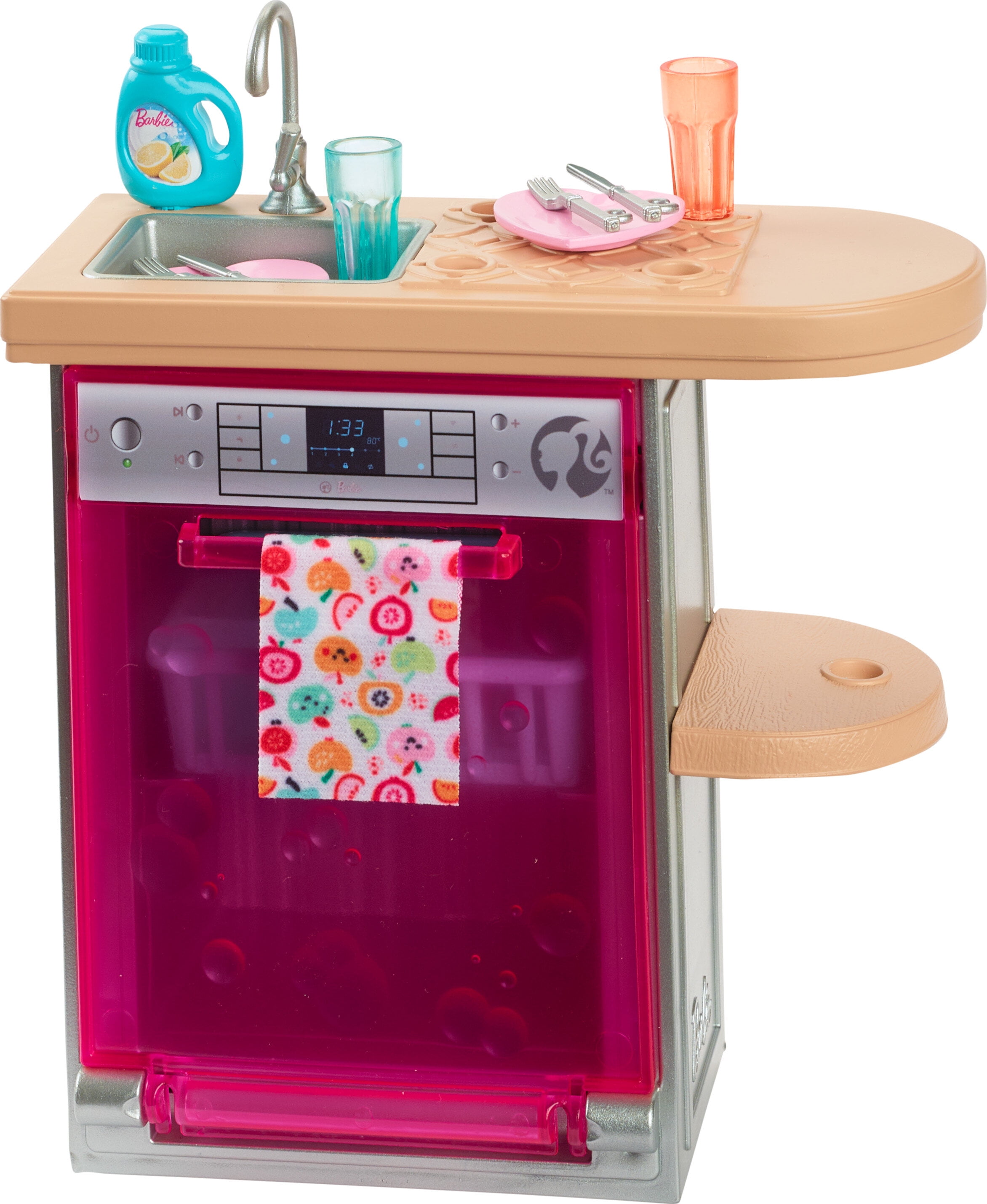 Barbie Brandclub Barbie World Toy Dishwasher Set with 9 Dollhouse Kitchen Accessories Including Plates Drying Rack More