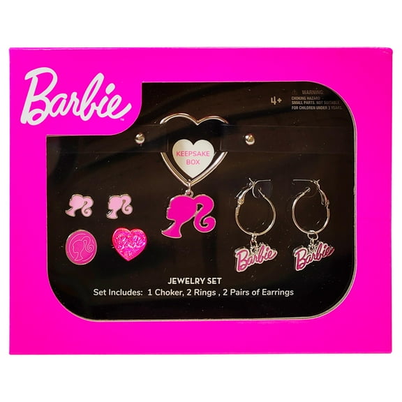 Barbie themed 2-Piece Adjustable Ring Set, a pair of stud and hoop earrings, and a choker for Girls - Barbie Themed Charms, Universally Fitting & Stylish Gifts and Accessorie A Must-Have Accessory