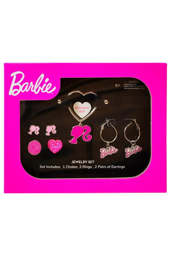 Barbie themed 2-Piece Adjustable Ring Set, a pair of stud and hoop earrings, and a choker for Girls - Barbie Themed Charms, Universally Fitting & Stylish Gifts and Accessorie A Must-Have Accessory