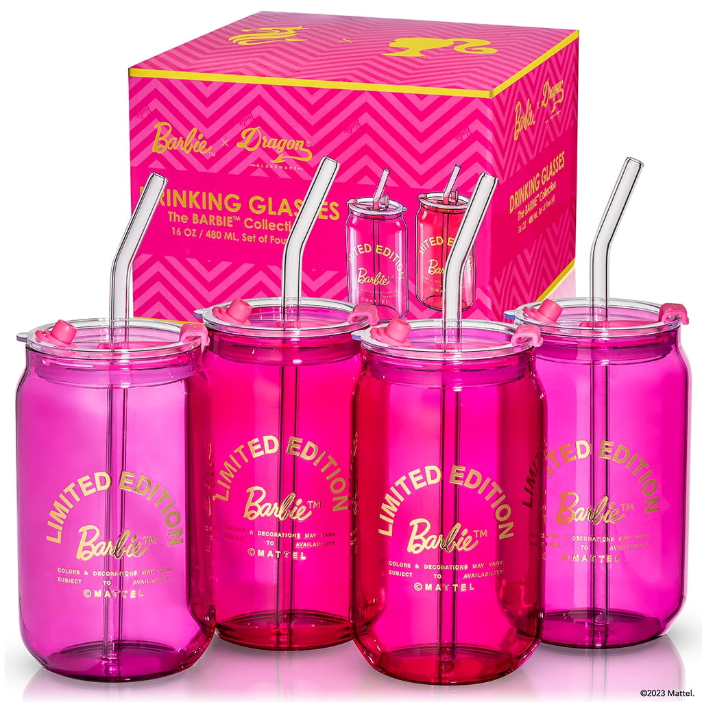 Barbie x Dragon Glassware 16 oz Drinking Glasses with Straws and Lids Set of 4