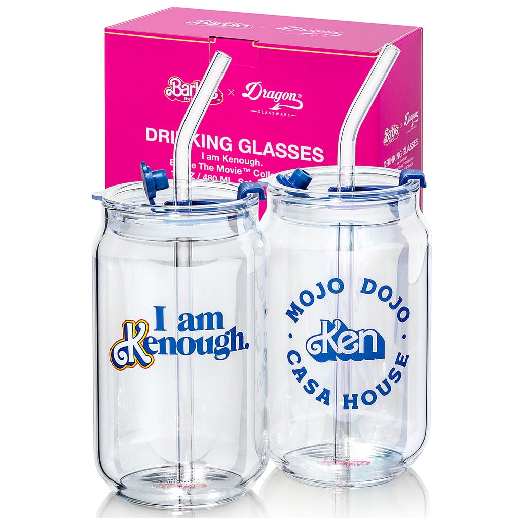Barbie x Dragon Glassware 16 oz Clear Glass Tumbler Set with Lids and Straws