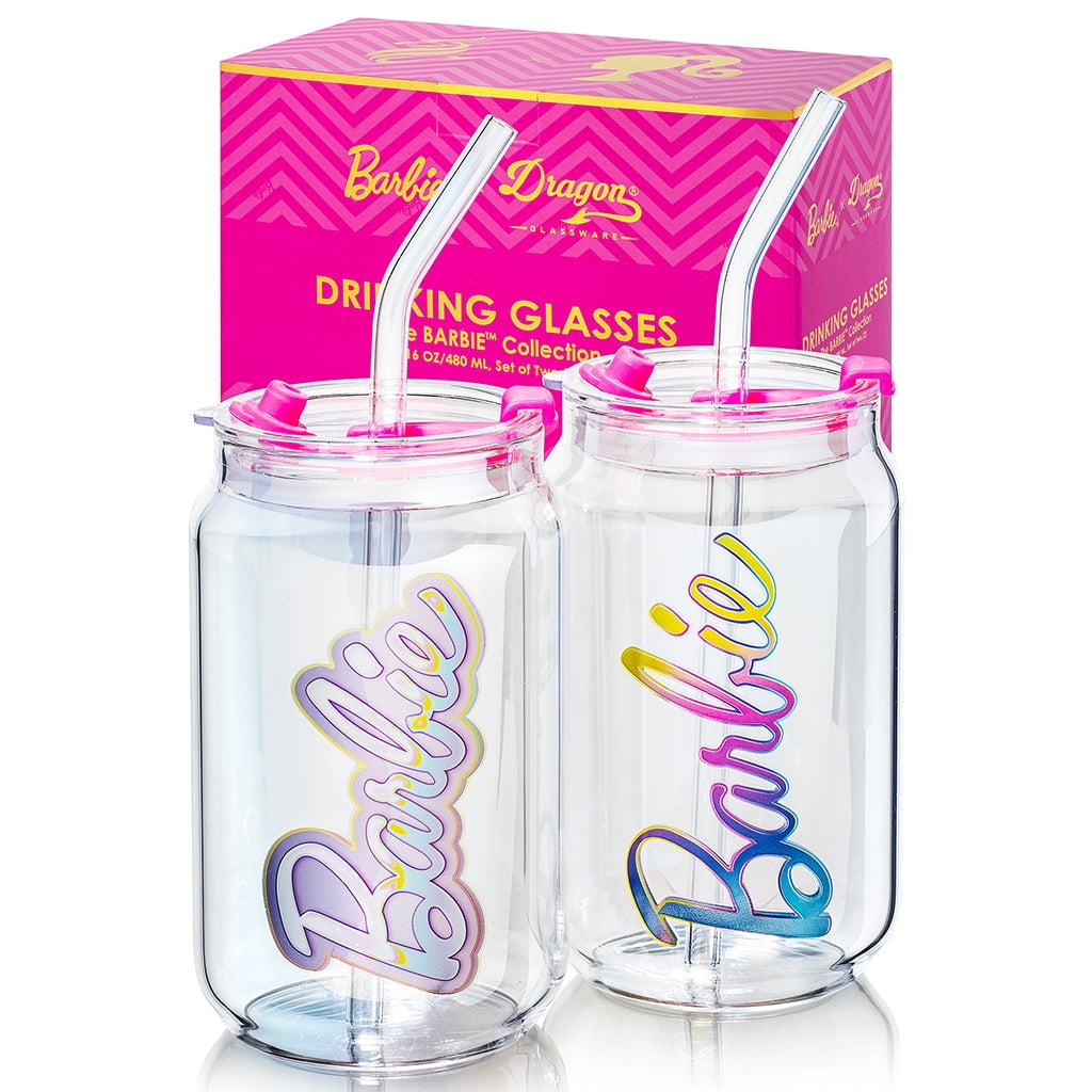 Barbie x Dragon Glassware 16 oz Barbie Logo in Two Styles Drinking Glasses Set of 2