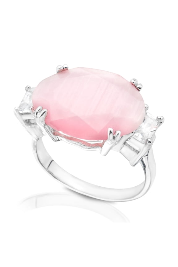 Trendy Pink Moonstone Statement Ring with CZ Accents - Size 10 Jewelry Ring Silver