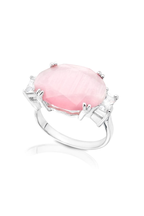 Trendy Pink Moonstone Statement Ring with CZ Accents - Size 6 Jewelry Ring Silver