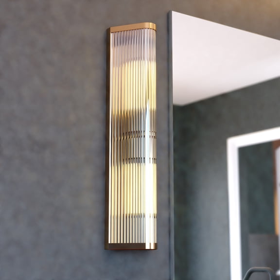 Barbier 2-Light 5.5 in. Wide x 22.25 in. Height Antique Gold Modern Contemporary Flush Wall Sconce with Clear Ribbed Glass Shade, Dimmable, LED Compatible, Metal Bathroom Vanity Lighting Fixture