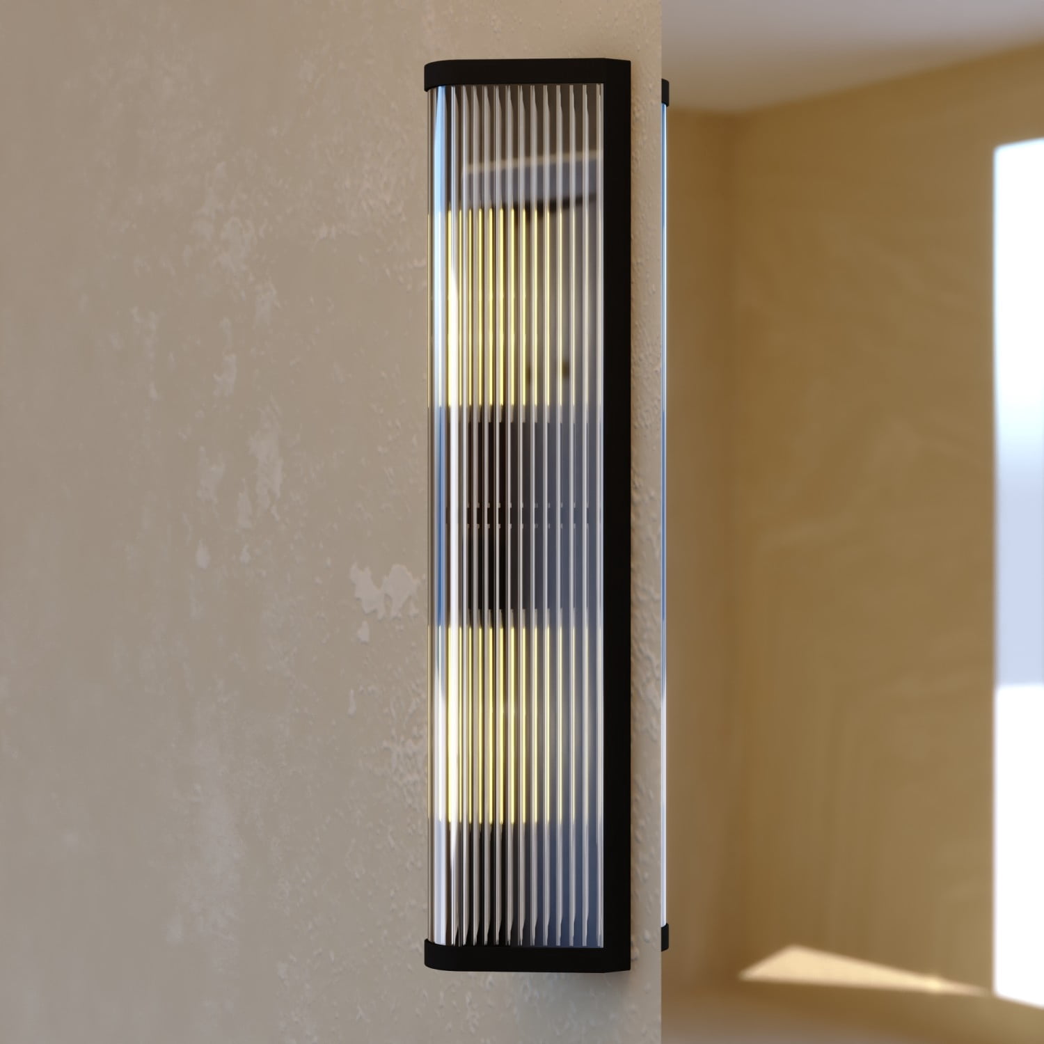 Barbier 2-Light 5.5 in. Wide x 22.25 in. Height Matte Black Modern Contemporary Flush Wall Sconce with Clear Ribbed Glass Shade, Dimmable, LED Compatible, Metal Bathroom Vanity Lighting Fixture