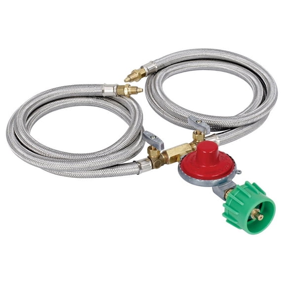 Bayou Classic M2HPH Dual 36-in Stainless Braided LPG Hose Features 10-psi Preset Regulator Dual Brass Control Valves 3/8-in Flare Swivel Fitting Designed For Bayou Classic Cookers
