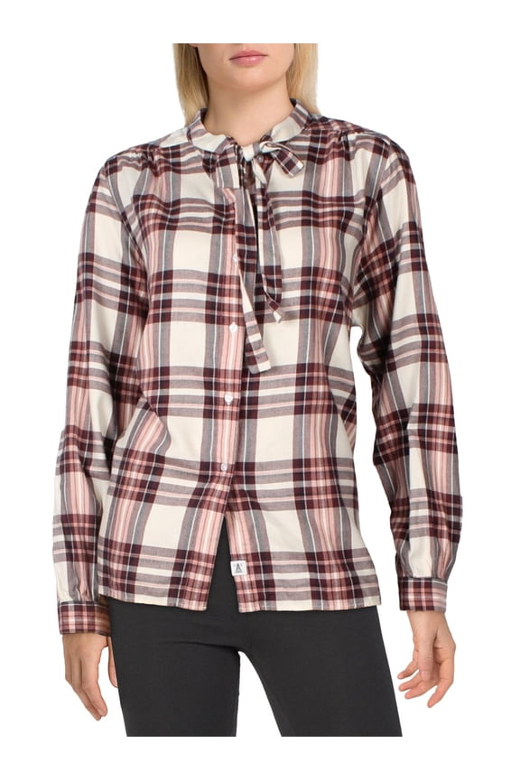 Womens Millcross Puff Sleeve Tie-Neck Button-Down Top