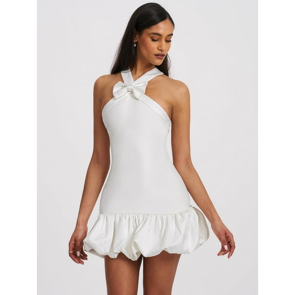 Barbra White Cross Straps Bodycon Mini Dress with Bubble Hem