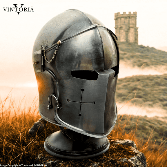 Barbute Helmet Wearable Medieval Steel Armor Helmet with Liner & Display Stand | Knight Costume, LARP & Collectible Decor