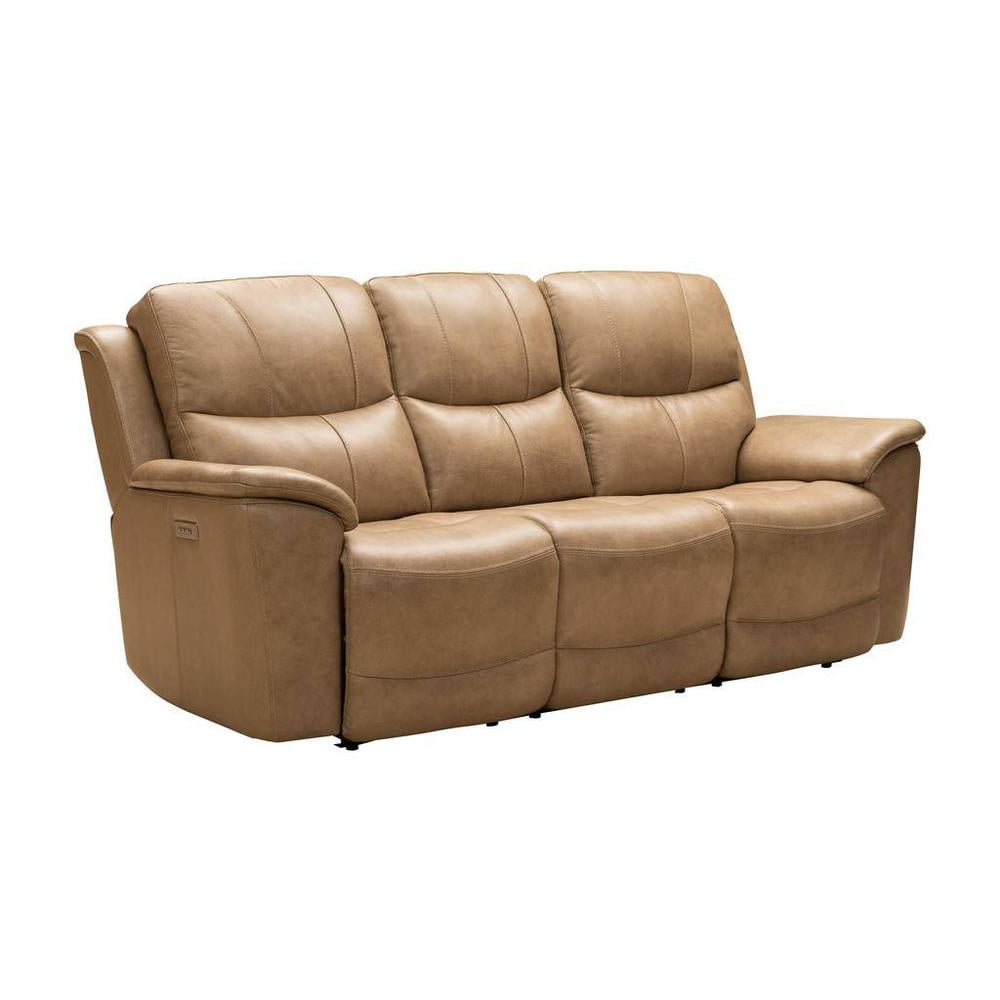 Beige Leather Power Recliner with Wood Accents