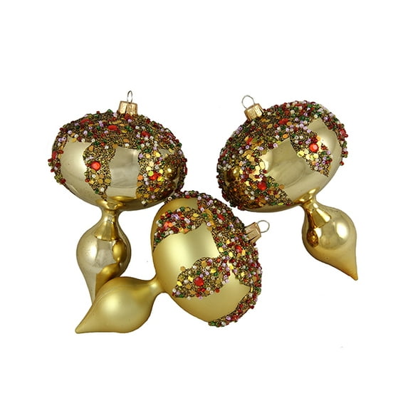 Barcana 3ct Glitter Sequin Beaded Shatterproof Christmas Finial Ornament Set 5" - Gold