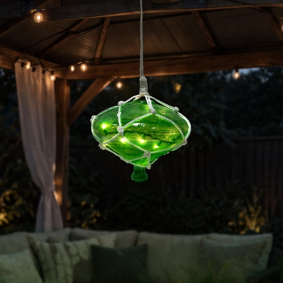 Barcana Lighted Onion Shaped Macrame-Style Christmas Decoration - 11" - Green - Warm White