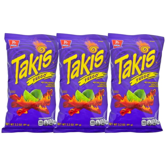 Barcel Takis Fuego Hot Chili Pepper & Lime Tortilla Chips (3.2 oz., Pack of 3)