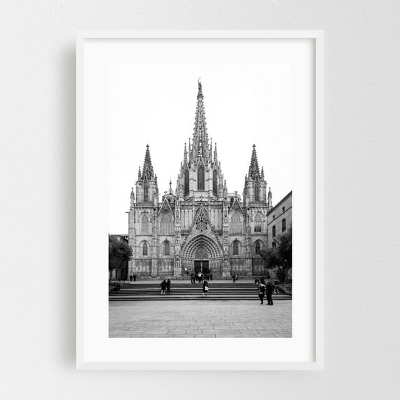 Barcelona Cathedral B&W - Barcelona Catalonia Spain Photography White Framed Wall Art Print 20 x 30 inches
