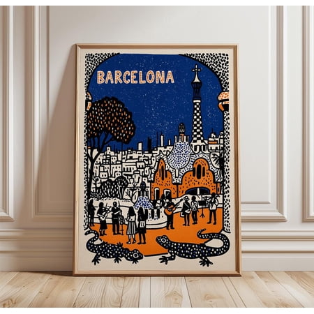 Barcelona Colourful Cityscape Scene Graphic Travel, Unframed Paper Print