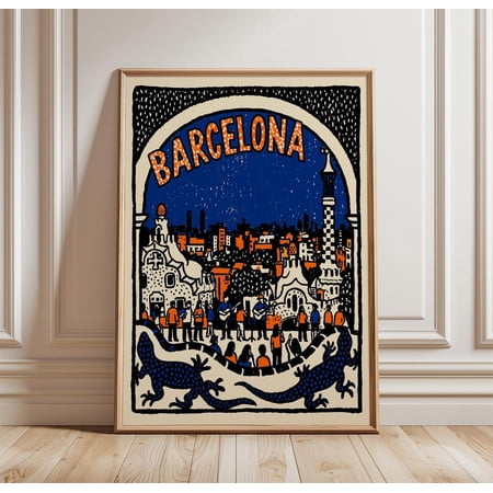 Barcelona Colourful Cityscape Scene Graphic Travel, Unframed Paper Print