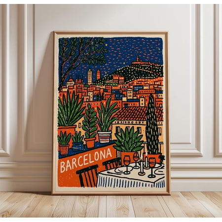 Barcelona Colourful Cityscape Scene Graphic Travel, Unframed Paper Print