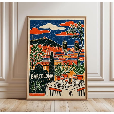 Barcelona Colourful Cityscape Scene Graphic Travel, Unframed Paper Print