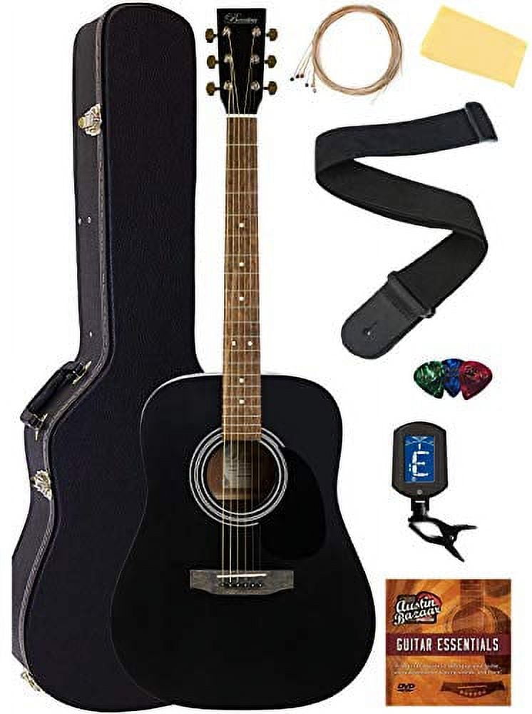 Barcelona D500 Acoustic Guitar Black Bundle with Hard Case Strings Tuner Strap Picks Fender Play Online Lessons Instructional DVD and Austin