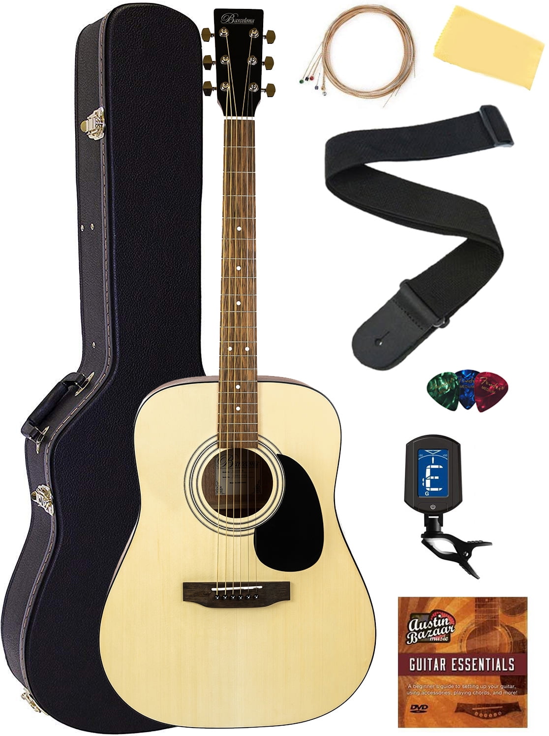 Barcelona D500 Dreadnought Acoustic Guitar Natural Bundle with Hard Case Strings Tuner Strap Picks Instructional Book DVD and Austin Bazaar