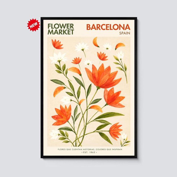 Barcelona Flower Market Spain Botanical Wall Art Orange Floral Print Mediterranean Flower Decor Vintage Travel Artwork, Unframed Paper Print