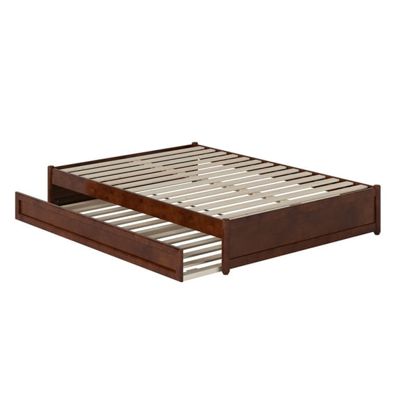 Barcelona Full Solid Wood Panel Platform Bed with Twin Trundle in Walnut
