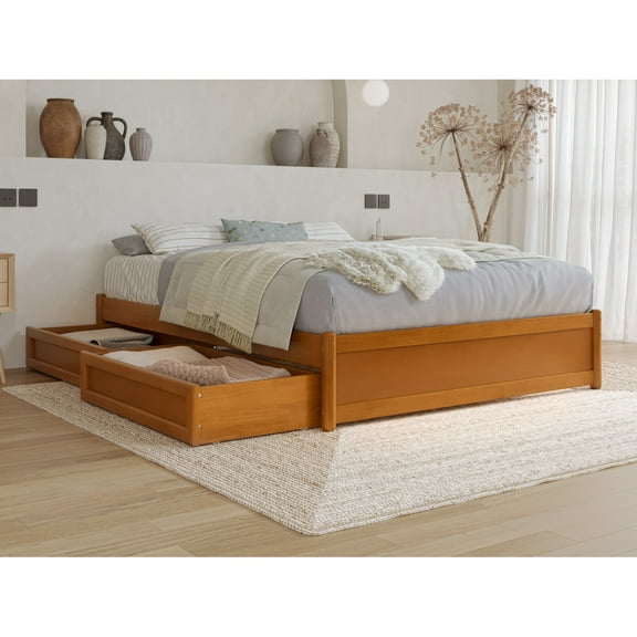 Barcelona Full Wood Panel Platform Bed with Storage Drawers in Light Toffee
