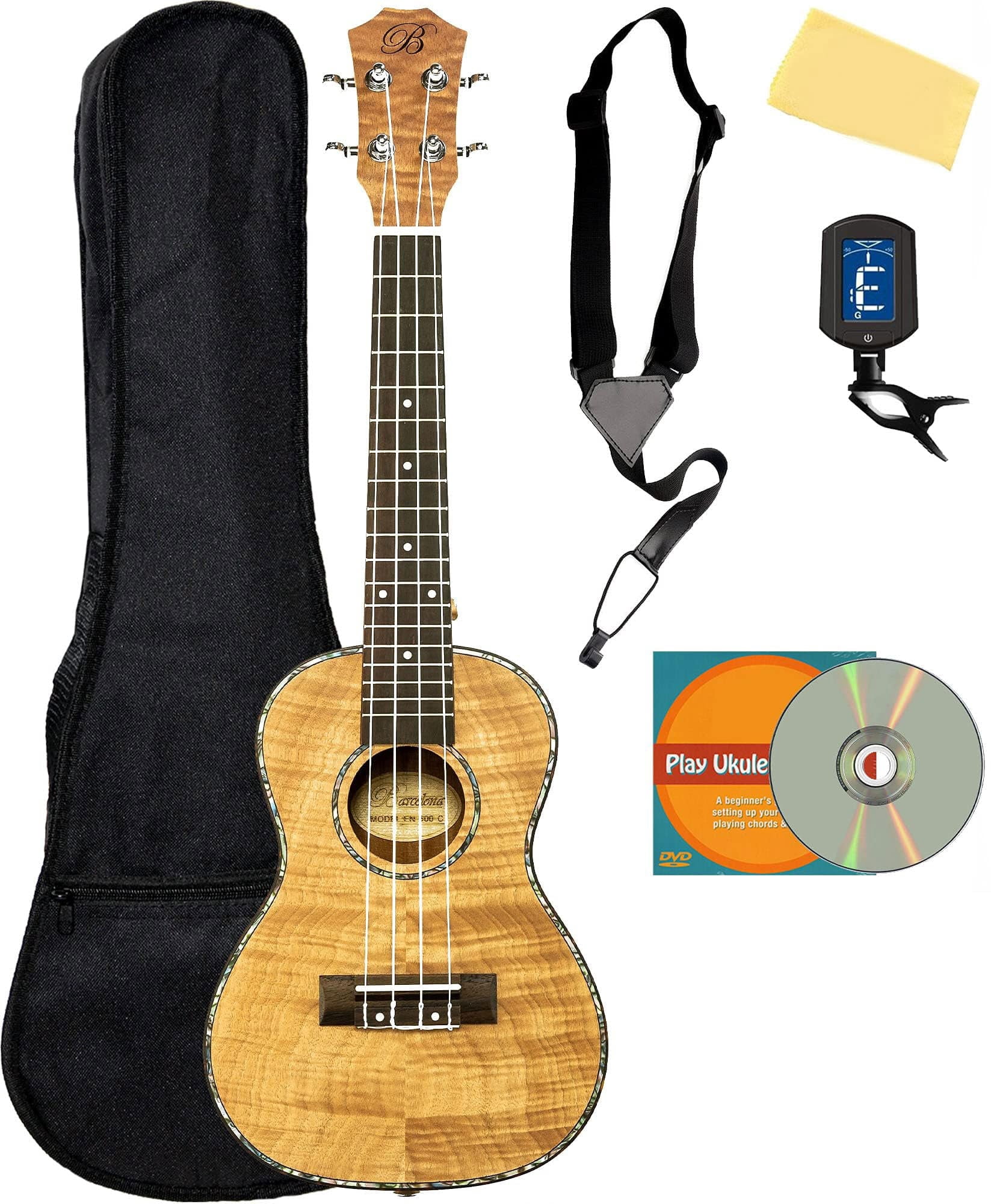 Barcelona Oguman Wood Concert Ukulele Bundle with Gig Bag, Tuner, Strap, Austin Bazaar Instructional DVD, and Polishing Cloth