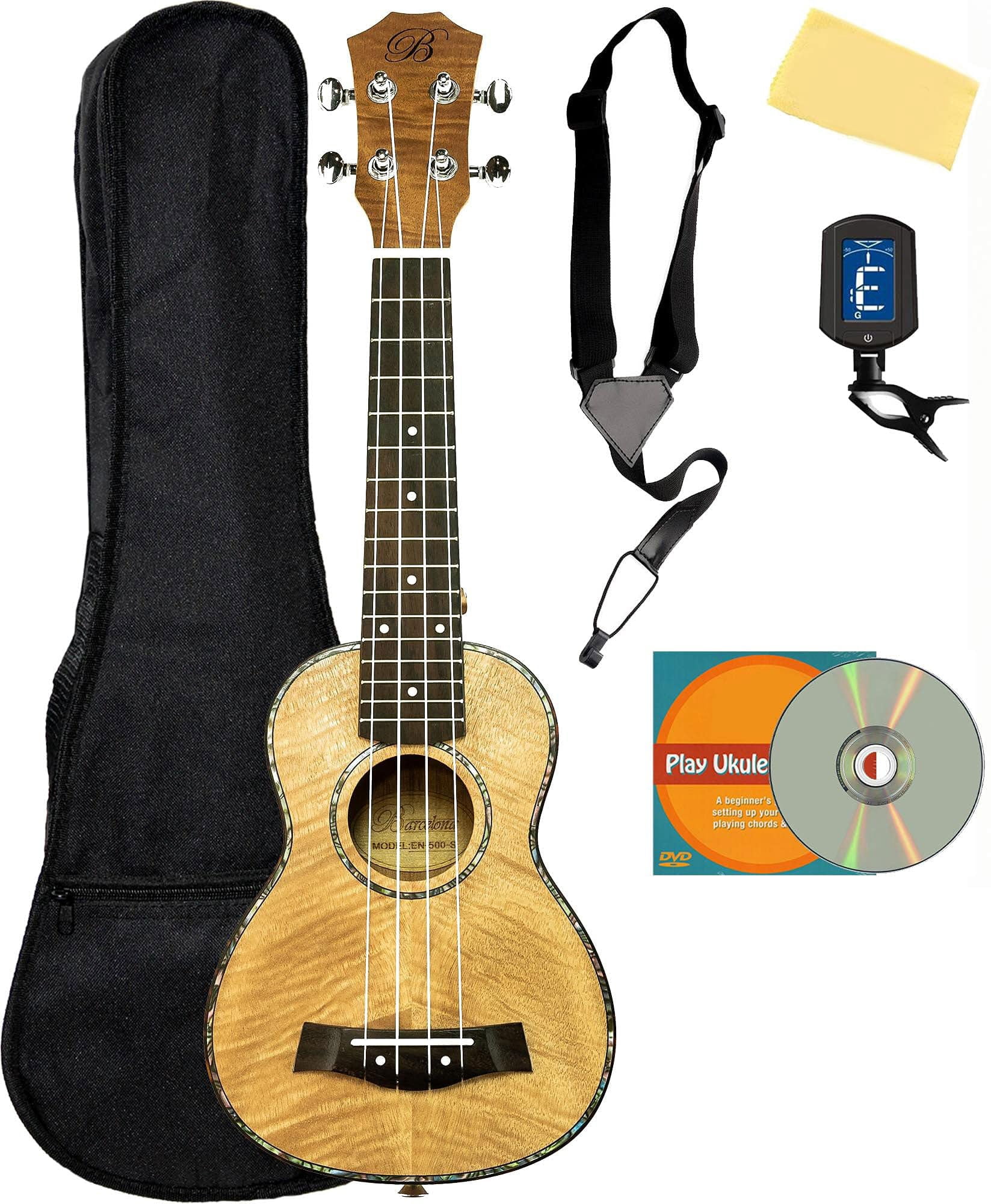 Barcelona Oguman Wood Soprano Ukulele Bundle with Gig Bag, Tuner, Strap, Austin Bazaar Instructional DVD, and Polishing Cloth