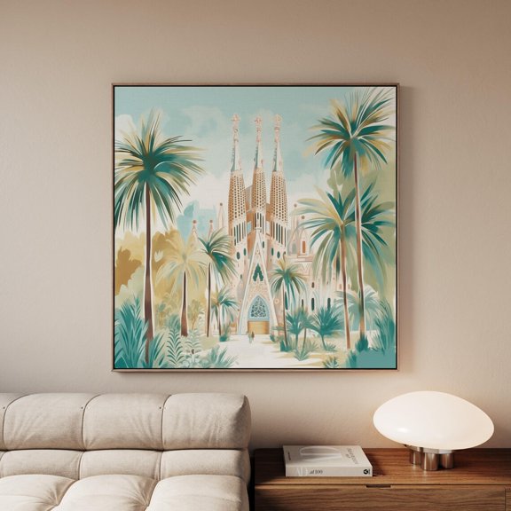 Barcelona Palm Tree Boulevard Art Gothic Cathedral Wall Art Architectural Travel Print Historic Spain Cityscape, Unframed Paper Print