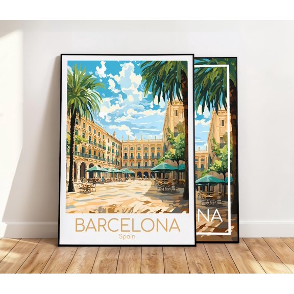Barcelona Placa Reial Poster, Spain Vintage Travel Poster, Unframed Paper Poster 8x10in