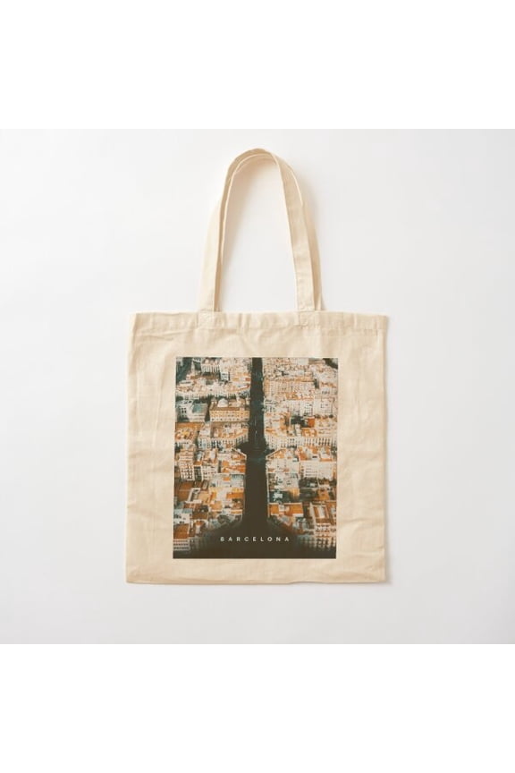 Barcelona, Retro Cityscapes Variant 2 Canvas Tote Bags, Reusable Shopping Bag