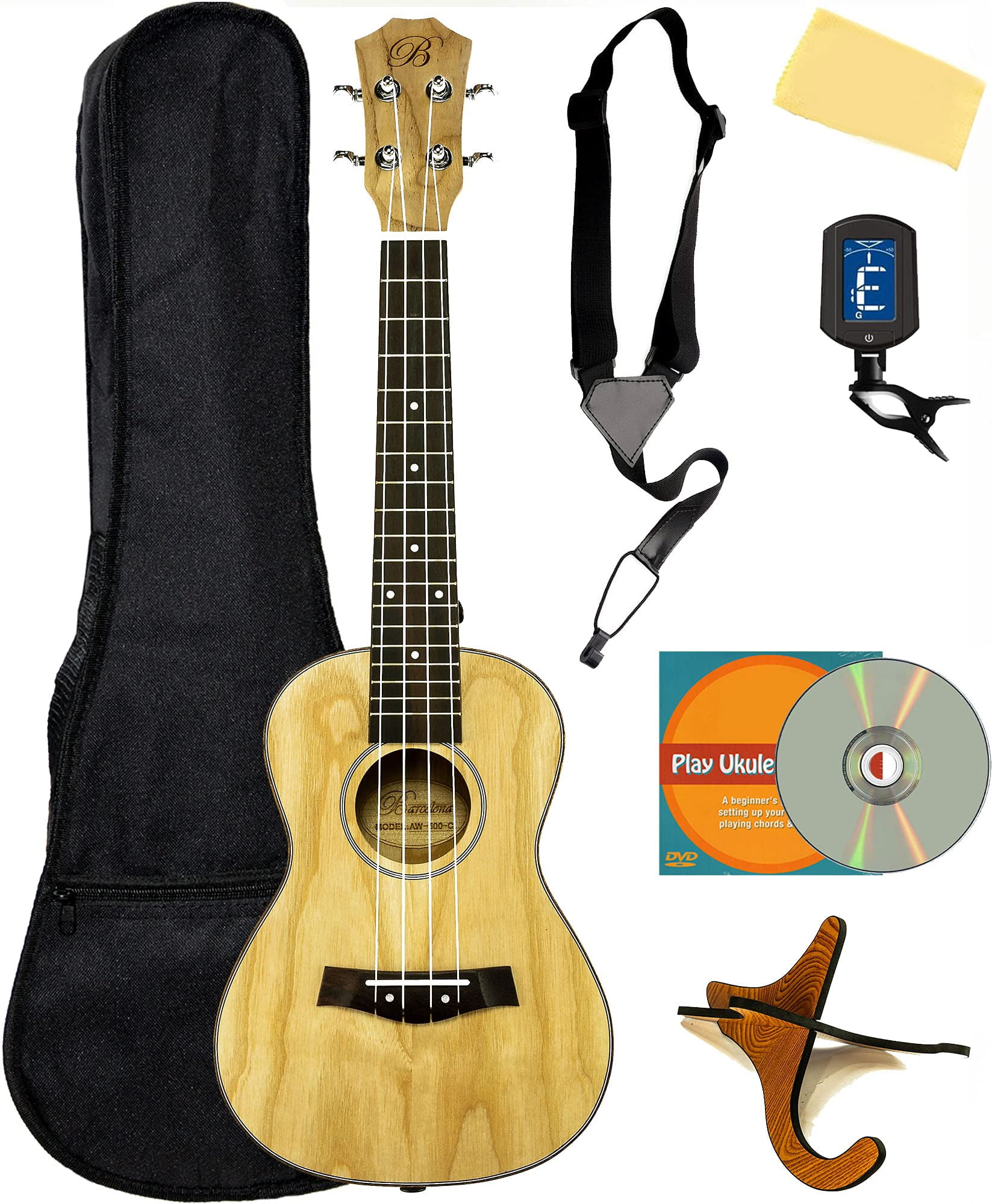Barcelona Solid Top Ash Wood Concert Ukulele Bundle with Gig Bag, Tuner, Stand, Strap, Austin Bazaar Instructional DVD, and Polishing Cloth