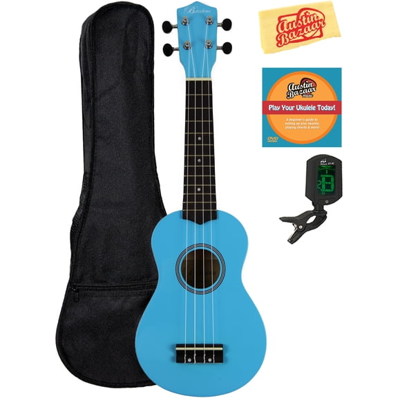 Barcelona Soprano Ukulele - Light Blue Bundle with Gig Bag, Tuner, Austin Bazaar Instructional DVD, and Polishing Cloth
