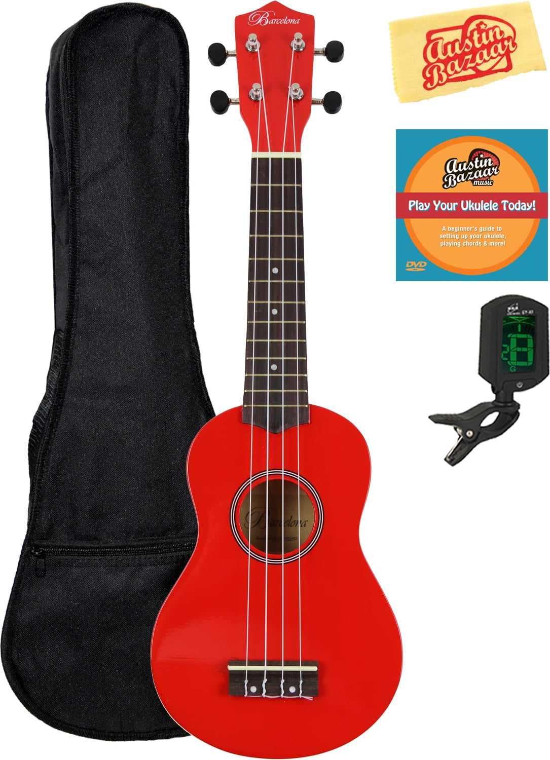Barcelona Soprano Ukulele - Red Bundle with Gig Bag, Tuner, Austin Bazaar Instructional DVD, and Polishing Cloth