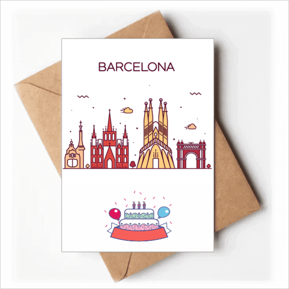 Barcelona Spain Flat Landmark Pattern Happy Birthday Greeting Cards Envelopes Blank