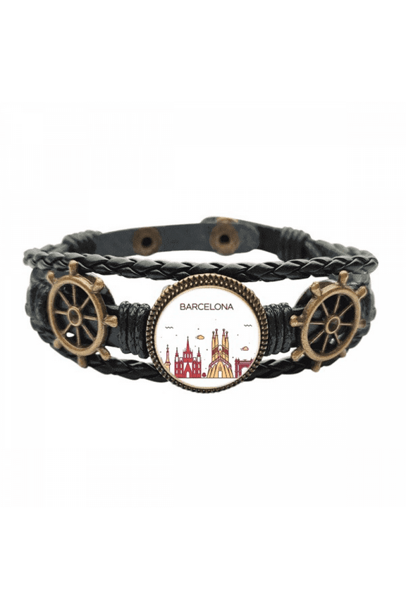 Barcelona Spain Flat Landmark Pattern Leather Braided Ocean Bracelet Wristband