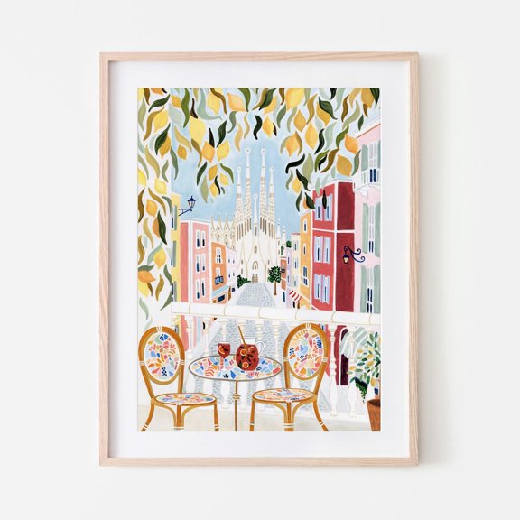 Barcelona Spain Hand Painted Travel Kitchen Wall Decor Unframed Paper Print