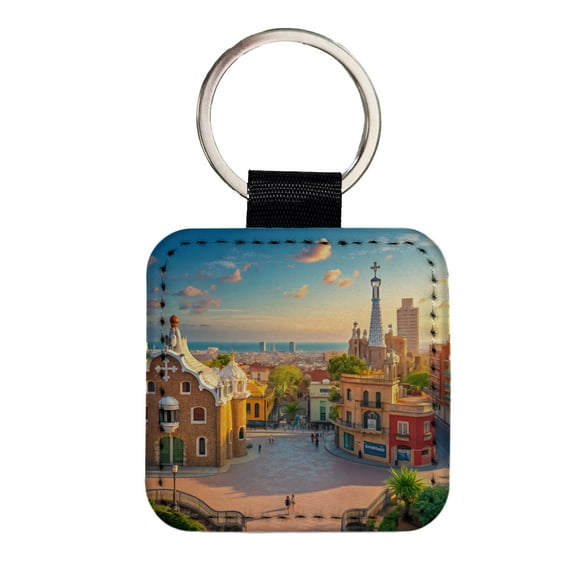 Barcelona Spain Ocean Faux Leather Square Keychain