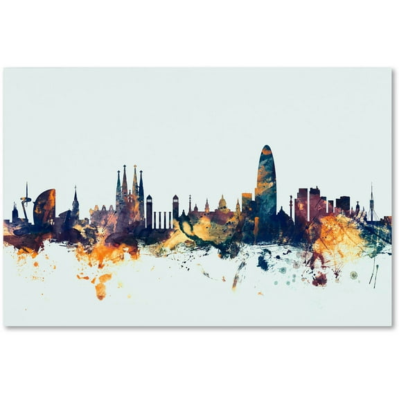 "Barcelona Spain Skyline Blue" Canvas Art by Michael Tompsett