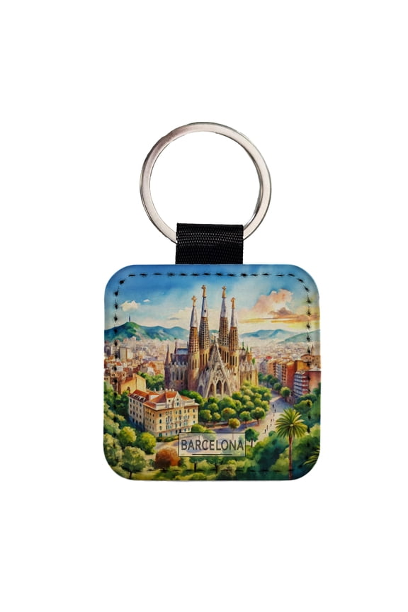 Barcelona Spain Travel City Watercolor Faux Leather Square Keychain