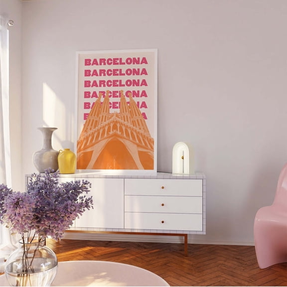 Barcelona Travel Poster Pink Orange Spain Exhibition Cute Trendy Wall Art Poster, Unframed Size 8x12